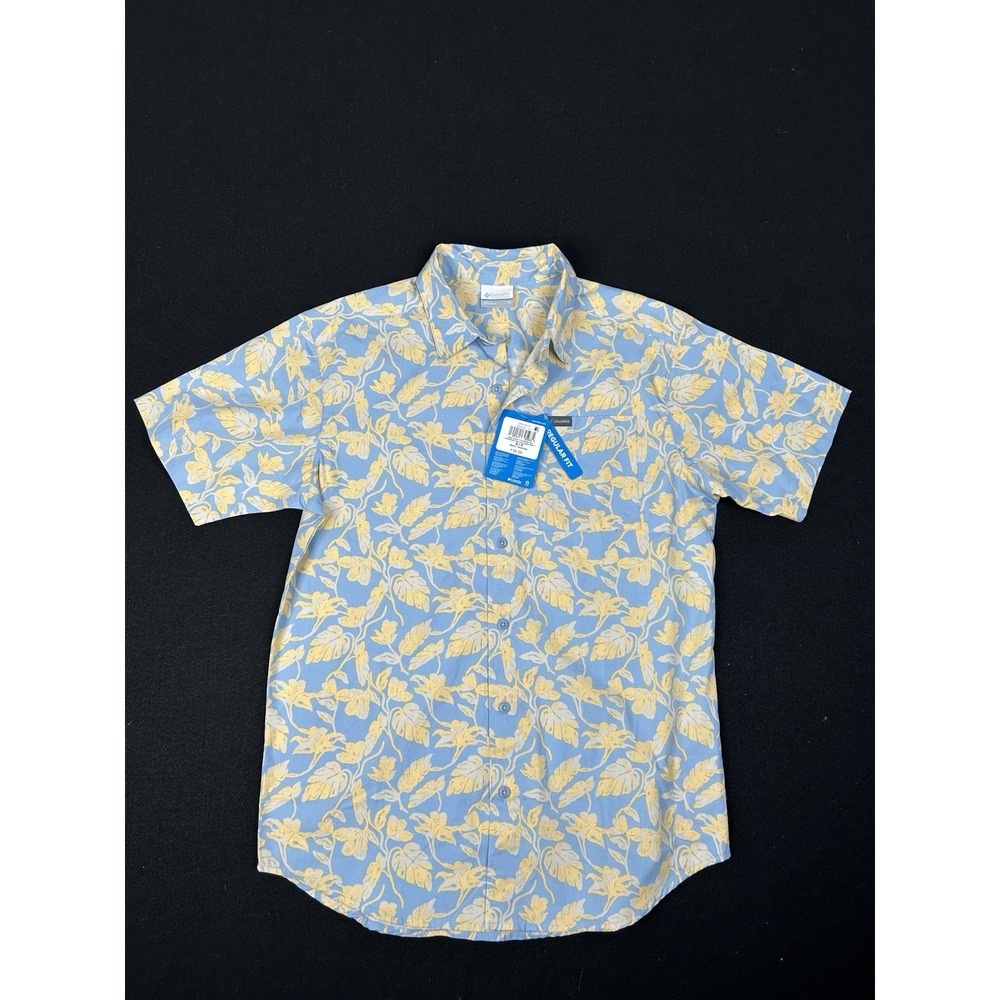 NWT Columbia Men's Small Blue Yellow Floral Hawaiian Camp Shirt Button Up